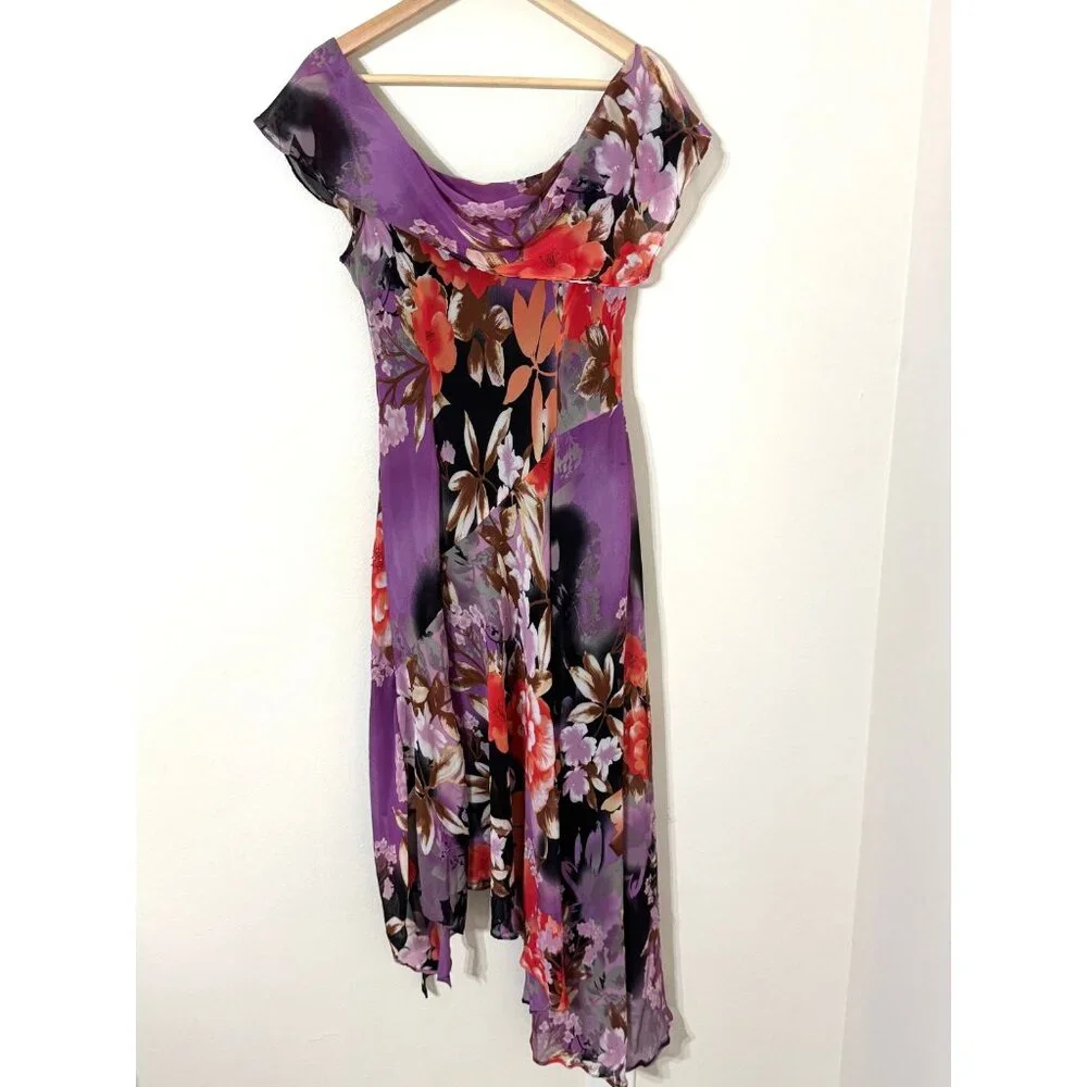 Vtg Y2K Floral Dress Asymmetrical Handkerchief Flutter Sleeve Fairy Whimsical - Picture 4 of 16